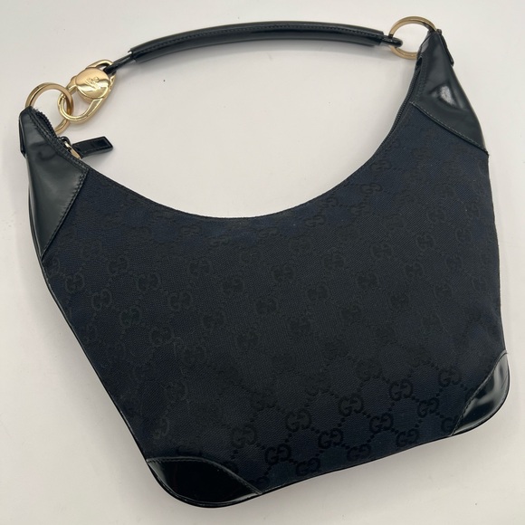 Gucci 🔥 EUC monogram hobo med shoulder bag blk canvas w/patent leather trim🙌 - Picture 1 of 14